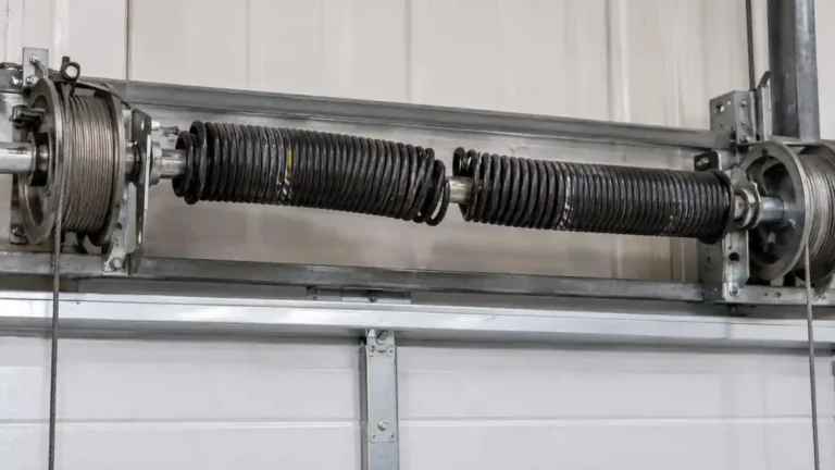 Snapped torsion spring on a commercial garage door before replacement