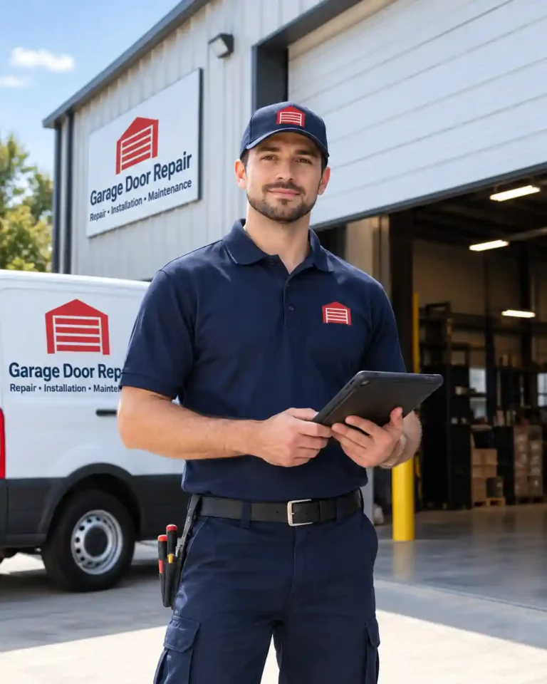 Technician inspecting a commercial roll-up door at a Tallahassee business loading bay