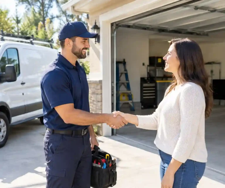Contact Garage Door Repair Tallahassee technician greeting a homeowner