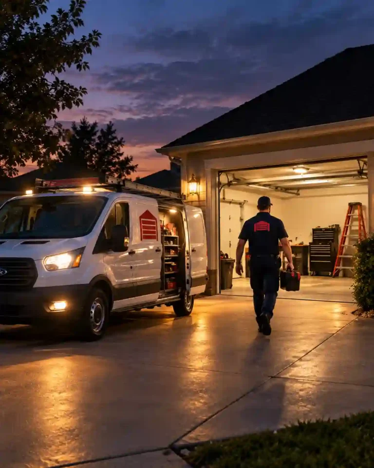 Emergency garage door repair Tallahassee technician arriving at a home at night