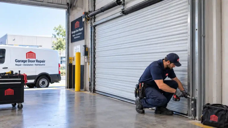 Repairing the track and bottom bracket of a warehouse roll-up door in Tallahassee