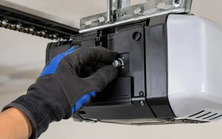 Technician adjusting garage door opener force settings