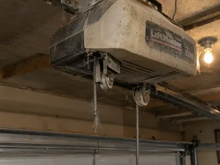 Worn garage door opener and frayed lift cable in Northeast Tallahassee