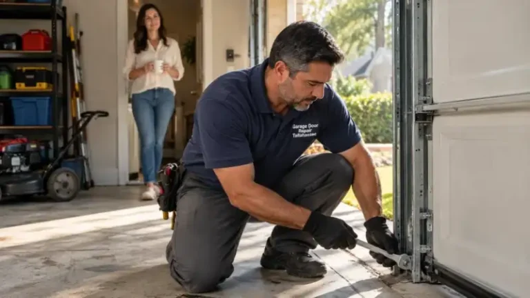 Technician repairing a garage door roller while homeowner watches from the doorway