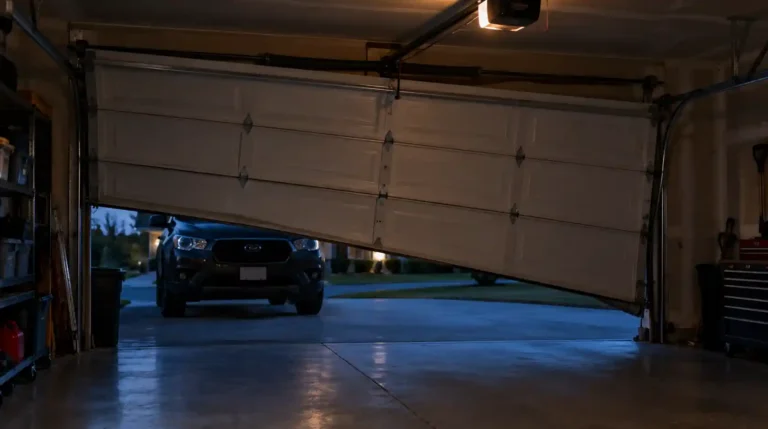 Garage door hanging off track during an emergency repair call in Tallahassee