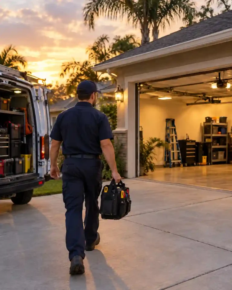 Garage door technician arriving for an evening service call in Tallahassee