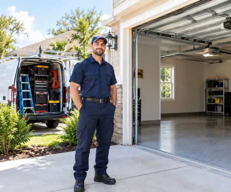 Garage Door Repair Tallahassee technician standing beside a freshly repaired residential garage door