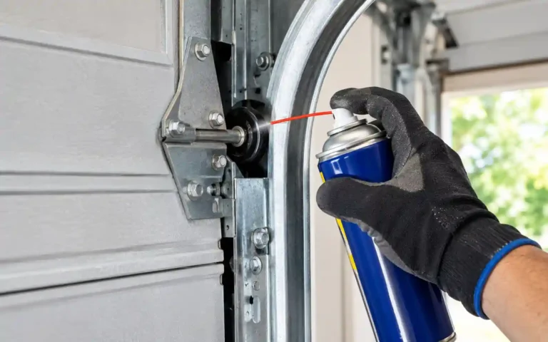 Technician lubricating garage door hardware as part of routine maintenance