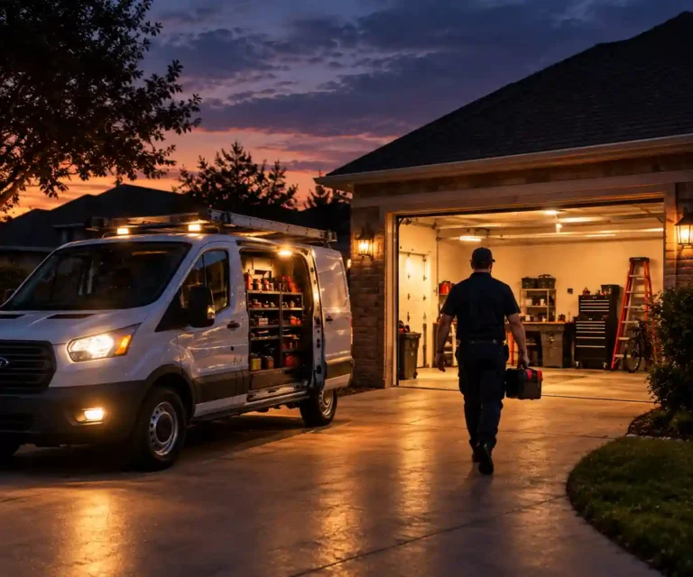 Garage door opener repair Tallahassee technician arriving at a home in the evening