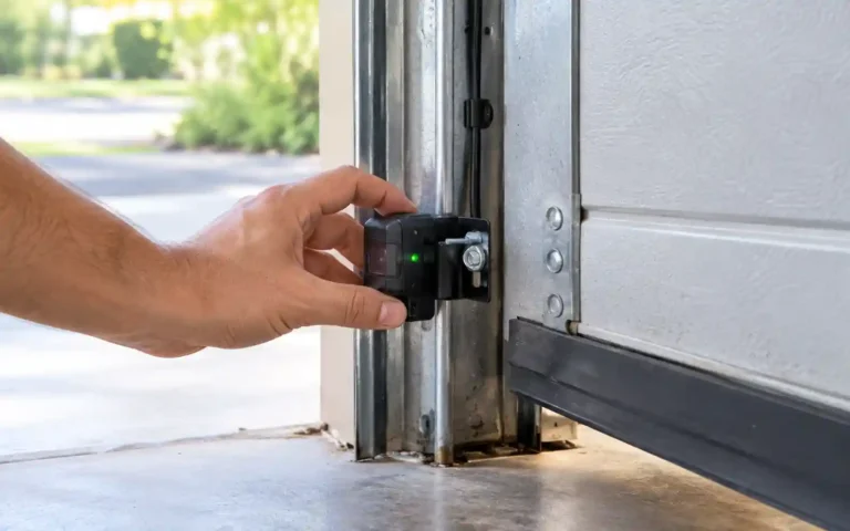 Technician adjusting a garage door safety sensor in Tallahassee