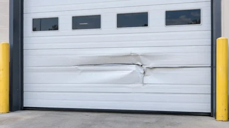 Dented commercial door panel after storm damage, prior to replacement